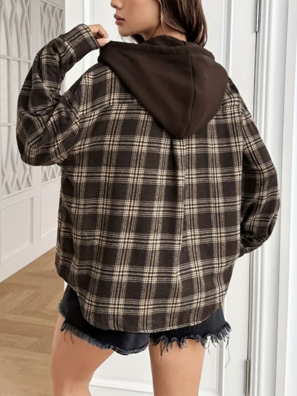 Women'S Elegant Thin Plaid Pocket Casual Long Sleeve Hooded Jacket